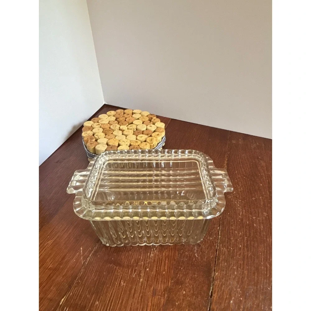 Vintage Clear Glass Ribbed Butter Dish with Lid Art Deco Scalloped Edge 2-Piece